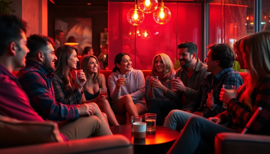 Exciting sex chat scene with diverse adults in a cozy lounge engaging in playful conversation.