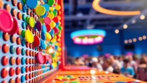 Permainan plinko demo yang menggembirakan dengan disk berwarna-warni yang terjatuh melalui tiang.P