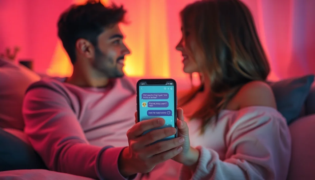 Explore sexting ai in a cozy, intimate setting with a couple engaging through a smartphone chatbot.