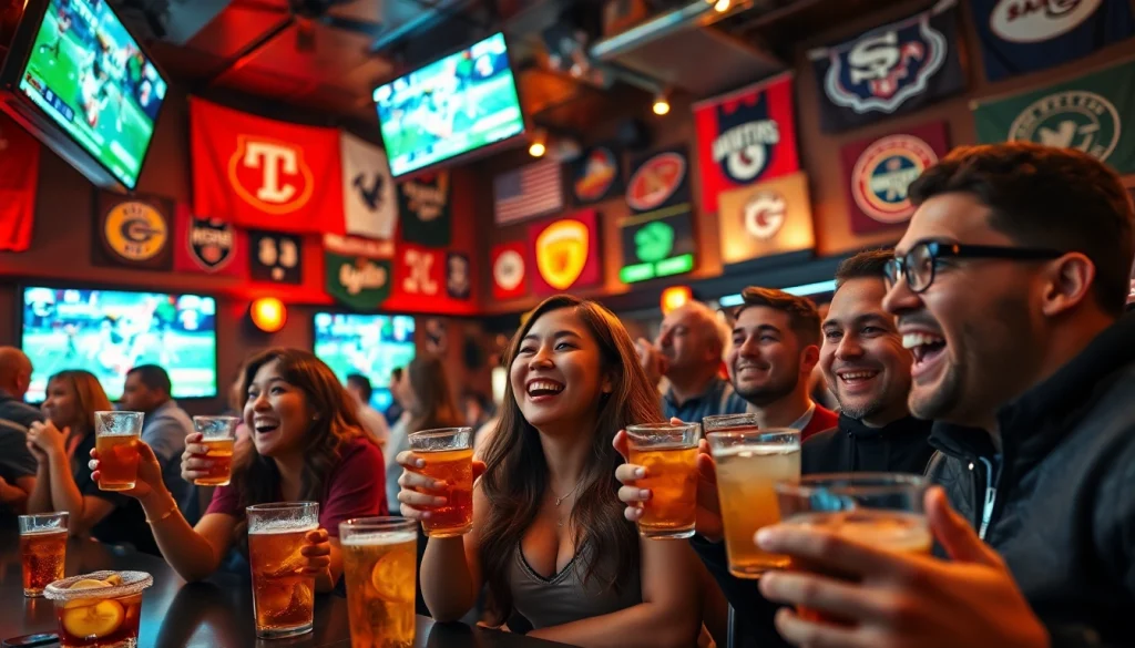 Fans celebrating in a sports lounge showcasing sportsbooks in Oklahoma, vibrant atmosphere and joyful expressions.
