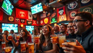 Fans celebrating in a sports lounge showcasing sportsbooks in Oklahoma, vibrant atmosphere and joyful expressions.