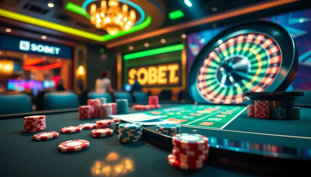 SBOBET gambling action at a vibrant casino table with colorful poker chips and a digital roulette.
