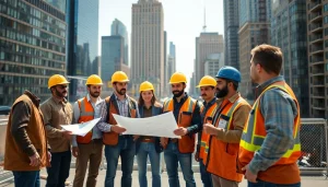New York General Contractor team discussing plans at a construction site in NYC.