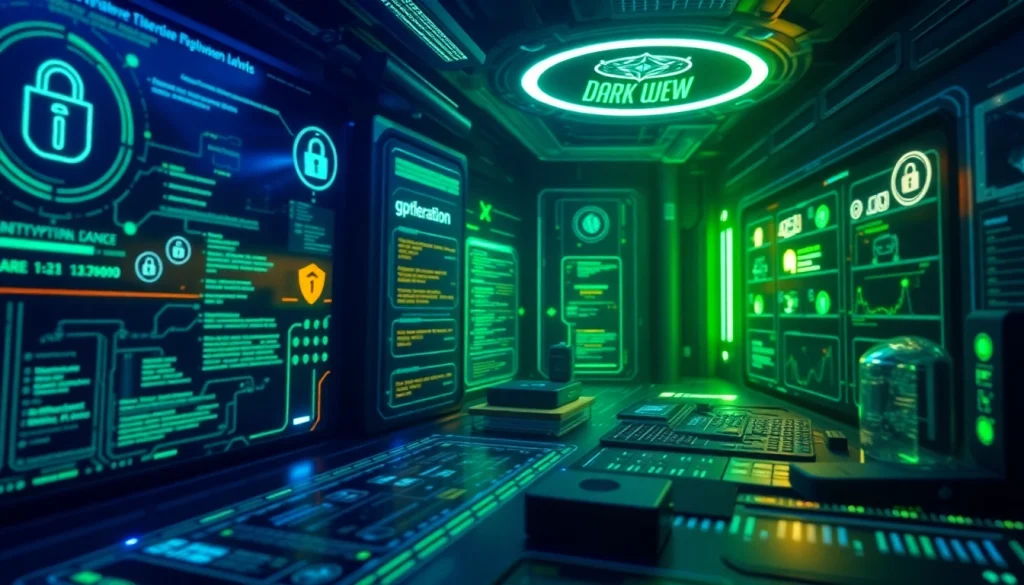 Futuristic dark web interface illustrating security themes and exploring if is hidden wiki illegal.