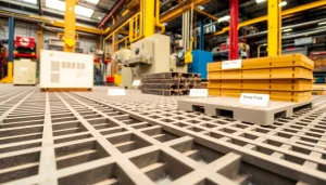 Showcase of GRP Grating Supplier's products in an industrial setting with clear details and lighting.