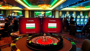 Experience the excitement of onicplay login at a luxurious casino, featuring tables and vibrant gaming.