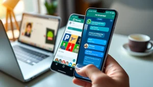 FM WhatsApp download showcasing a smartphone with vibrant customization features in a cozy setting.