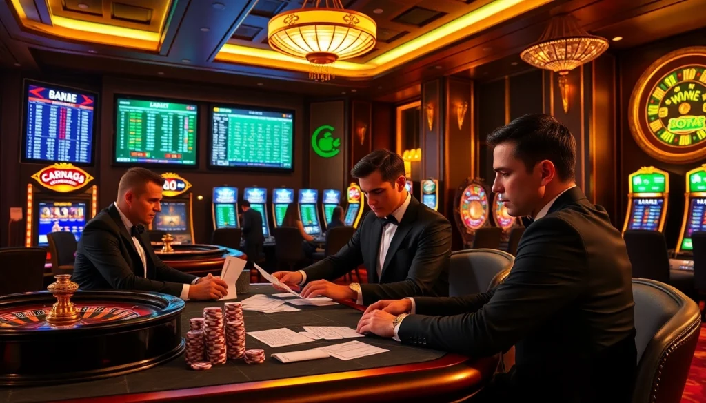 Exciting sbobet sports betting scene with gamblers analyzing odds and betting slips at a luxurious casino.