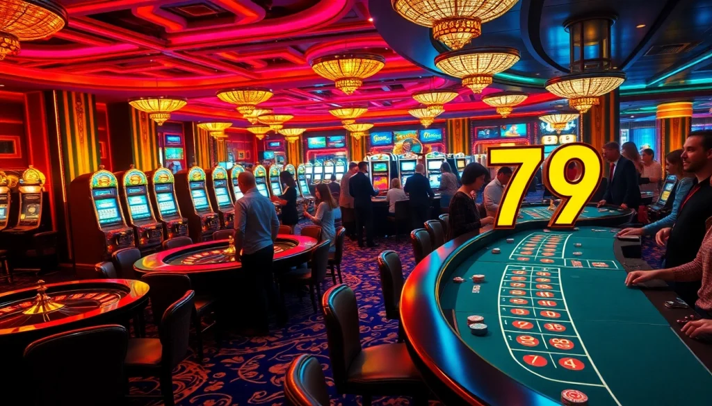 Người chơi đang tham gia và tận hưởng không khí sòng bạc sôi động tại các bàn cg 79, với bánh xe roulette và máy đánh bạc trong tầm nhìn.