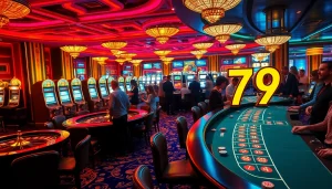 Người chơi đang tham gia và tận hưởng không khí sòng bạc sôi động tại các bàn cg 79, với bánh xe roulette và máy đánh bạc trong tầm nhìn.