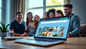 OnlyFans Search interface on a laptop with diverse users exploring content creators in a bright, inviting setting.