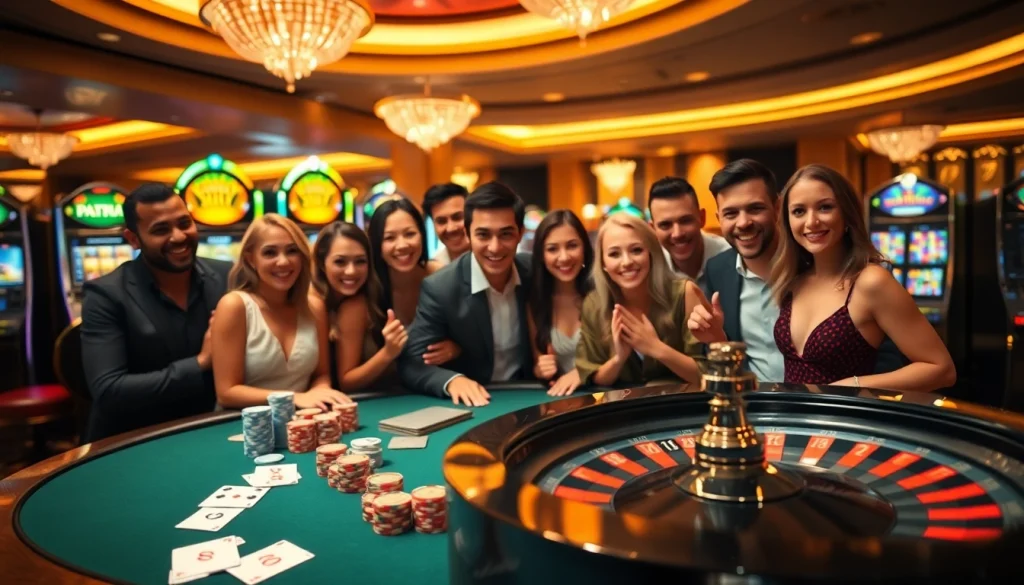 những người thích cảm giác mạnh đang tận hưởng trải nghiệm casino Bet VIP sang trọng với bàn poker và roulette