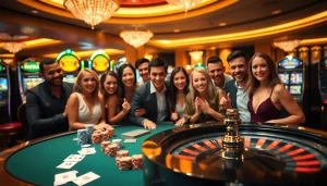 những người thích cảm giác mạnh đang tận hưởng trải nghiệm casino Bet VIP sang trọng với bàn poker và roulette