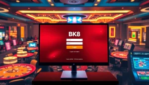 A player engaging with the BK8 login screen on a vibrant casino gaming interface, showcasing excitement in online gambling.