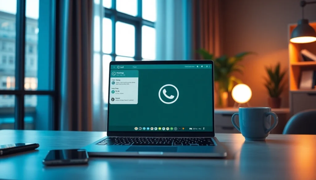 笔记本电脑上显示的 WhatsApp Web 界面，突出显示快连VPN 的安全通信功能。