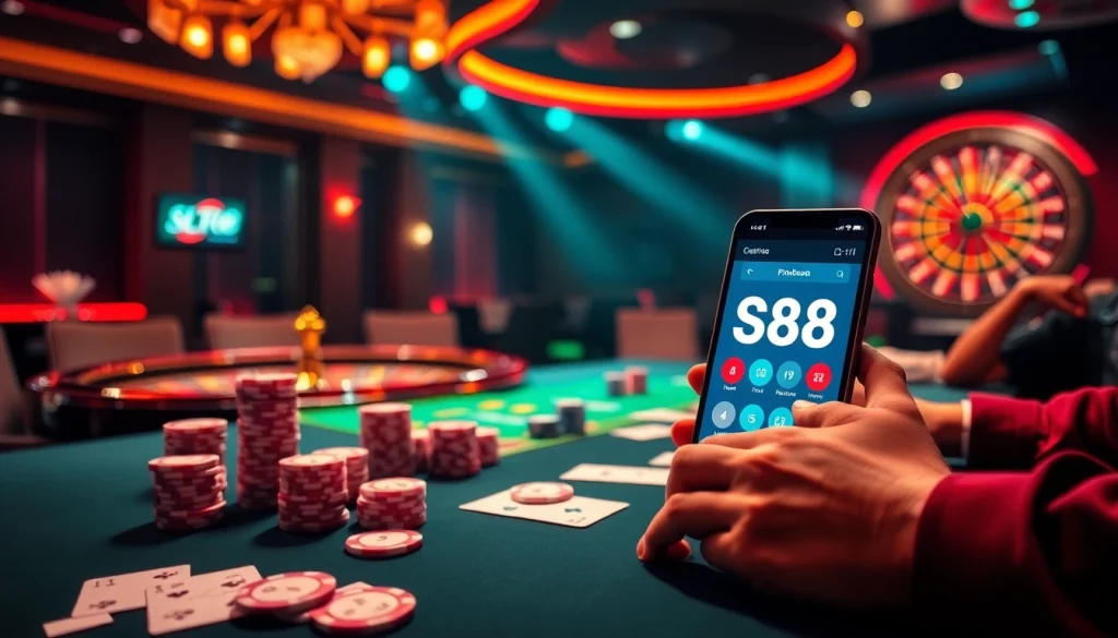 S88 app interface displayed on a smartphone at a vibrant casino table with poker players.