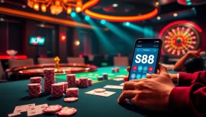 S88 app interface displayed on a smartphone at a vibrant casino table with poker players.