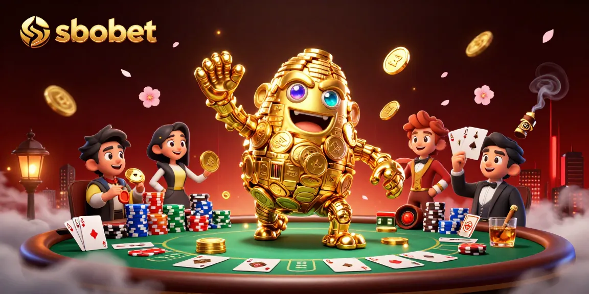 sbobet brings excitement with a golden golem and poker table elements in a dynamic casino illustration