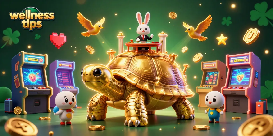 Engage with wellness tips in this vibrant 3D casino illustration featuring a golden tortoise and a rabbit dealer.
