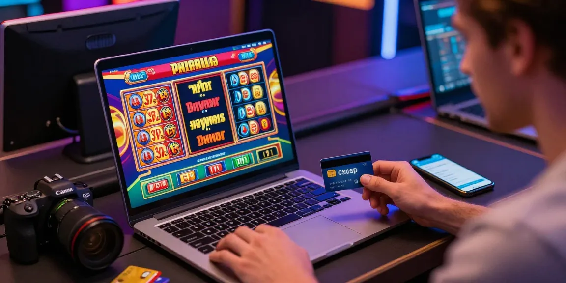 Online gambling experience at credit card casinos https://ieee.org.uk, featuring player at gaming laptop with colorful games and credit cards.