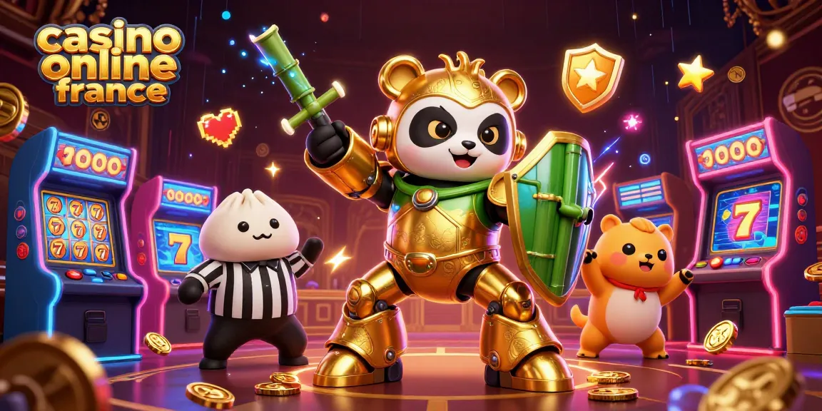 Les jeux au casino en ligne France prennent vie avec un panda doré et un robot dans une arène ludique.